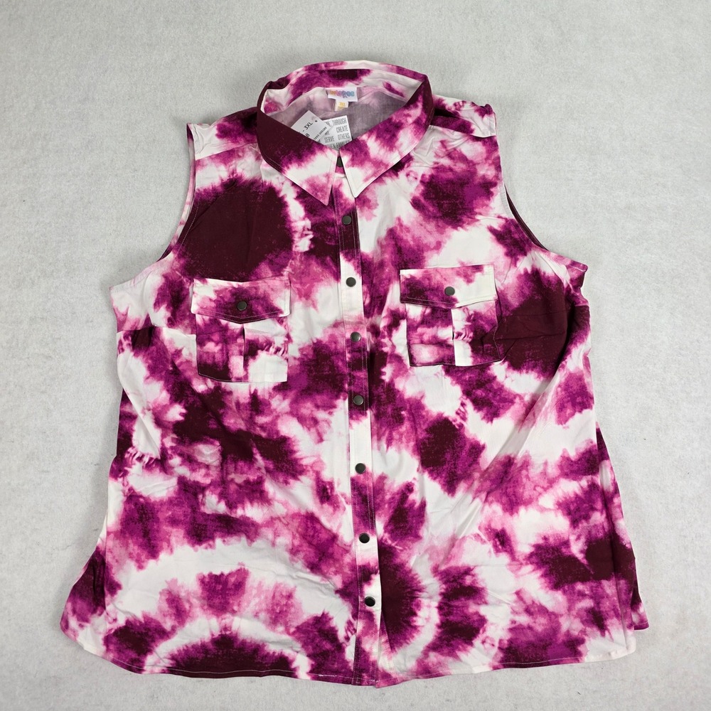 LuLaRoe Womens 3XL Roxanne Sleeveless Button Down Shirt Tie Dye Snap Front NWT